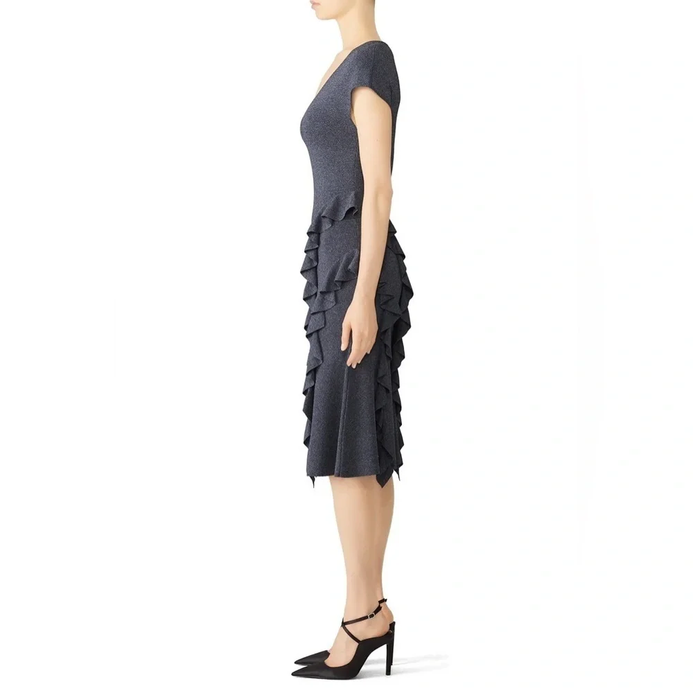 Sachin + Babi Rayon Heather Grey Knit Cascading Ruffles Feminine Dress Sz L